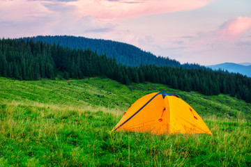 Wall Mural - orange tent on green meadow on background of mountains