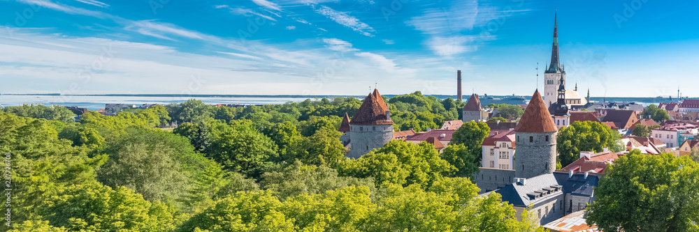 Tallinn in Estonia, panorama of the medieval city with Saint-Nicolas church, colorful houses and typical towers  - obrazy, fototapety, plakaty 