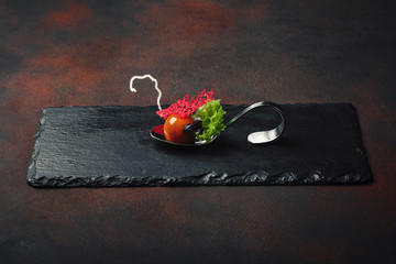 Molecular modern cuisine galantine duck in spoons on stone and rusty background