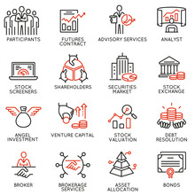 Vector Set Of Linear Icons Related To Trade Service, Investment Strategy And Management. Mono Line Pictograms And Infographics Design Elements - Part 2