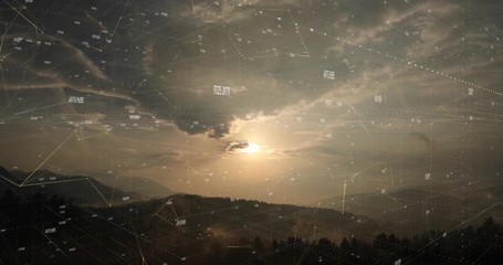 Digital computer data over artistic sunny landscape.