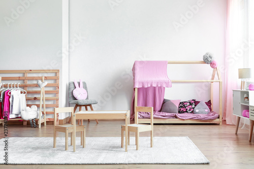 Copy Space On Empty White Wall In Cute Pink And Wooden Girly