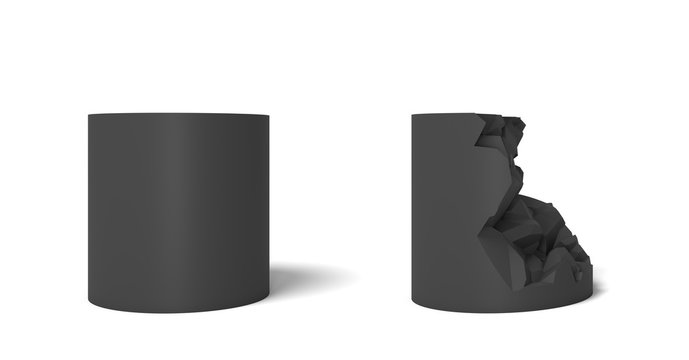 3d rendering of two isolated black cylinder one perfect and whole and another half broken.