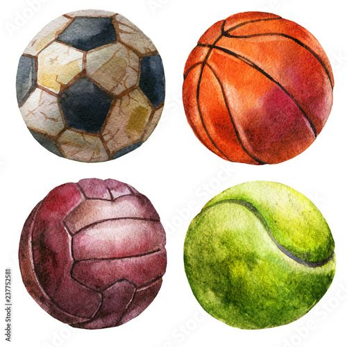 Dekoracja na wymiar  akwarela-ilustracja-zestaw-pilki-pilka-nozna-siatkowka-koszykowka-pilka-tenisowa