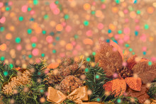 Christmas Gold Poinsettia On The Background Of Colorful Bokeh Lights