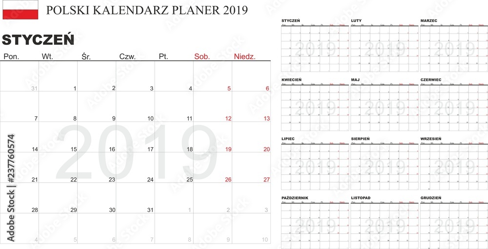 Polish Calendar 2019, Kalendarz polski 2019, monthly planning, Polish calendar template for year 2019, set of 12 months, printable calendar vector 
