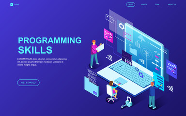 Modern flat design isometric concept of Programming Skills decorated people character for website and mobile website development. Isometric landing page template. Vector illustration.