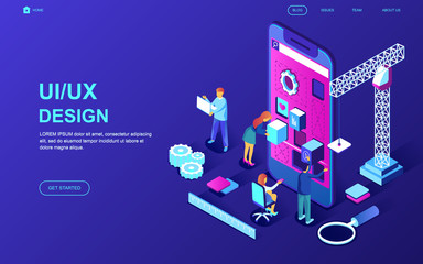 Modern flat design isometric concept of UX, UI Design decorated people character for website and mobile website development. Isometric landing page template. Vector illustration.