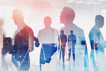 Poster - Business team in Moscow city, graphs