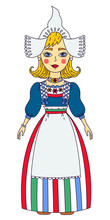 Holland Netherlands Girl  In Traditional Clothes Colorful Vector Illustration
