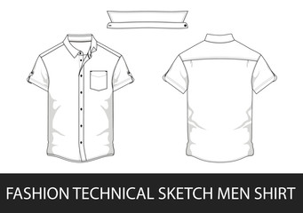 Wall Mural - Fashion technical sketch men shirt with short sleeves and patch pockets in vector.