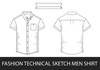 Wall Mural - Fashion technical sketch men shirt with short sleeves and patch pockets in vector.