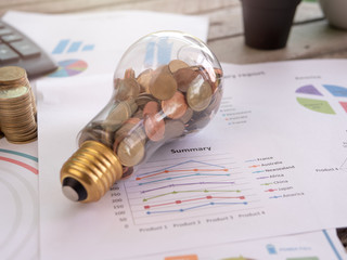 Wall Mural - light bulb with coin on wood table. concept of cost reduction and reduce energy