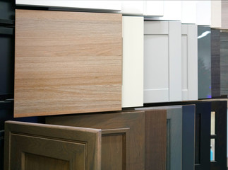 wood cabinet door samples in market in a row