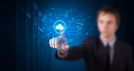 Poster - Man touching hologram projection displaying cloud system 
