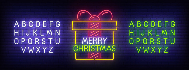 Wall Mural - Merry Christmas neon sign, bright signboard, light banner. Christmas and Happy New Year logo. Neon sign creator. Neon text edit. Vector illustration