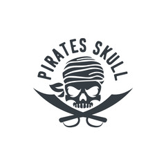Poster - Pirate Skull And Ship Helm Logo Design Vector Illustration, emblem in monochrome vintage style isolated on white background