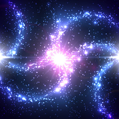 Wall Mural - Beautiful abstract vector cosmic wallpaper. Fantasy sprial galaxy concept illustration. Shiny solar systems on black background. Glowing star and abstract stardust particles.
