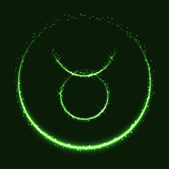 Wall Mural - Astrological symbol of Taurus. Abstract vector shiny western Zodiac Horoscope sign and crescent moon on dark green background.