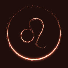 Wall Mural - Astrological symbol of Leo. Abstract vector shiny western Zodiac Horoscope sign and crescent moon on dark red background.
