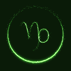 Wall Mural - Astrological symbol of Capricorn. Abstract vector shiny western Zodiac Horoscope sign and crescent moon on dark green background.