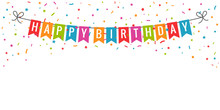 Happy Birthday Banner. Birthday Party Flags With Confetti On White Background
