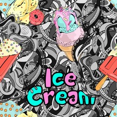  Creative doodle seamless pattern with ice cream.