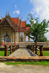 Sticker - Wooden bridge in Thai temple, The famous temple of Wat Chulamanee from Phitsanulok, Thailand