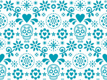 Sugar Skull Vector Seamless Pattern Inspired By Mexican Folk Art, Dia De Los Muertos Repetitive Design In Turquoise On White Background