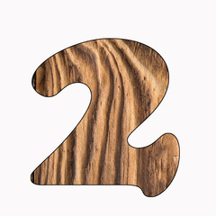 2, Number on rustic wood isolated on white background. Top view