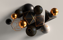 Cluster Of Abstract Spheres And Solids, Gold, White And Black, 3d Render