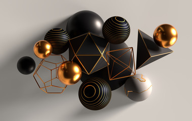 Poster - cluster of abstract spheres and solids, gold, white and black, 3d render