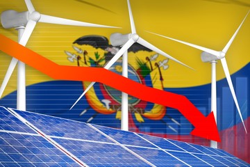 Ecuador solar and wind energy lowering chart, arrow down - environmental natural energy industrial illustration. 3D Illustration