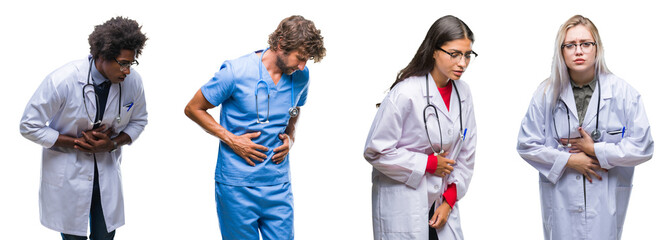 Wall Mural - Collage of group of doctor, nurse, surgeon people over isolated background with hand on stomach because nausea, painful disease feeling unwell. Ache concept.