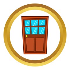 Poster - Brown wooden door with glass vector icon in golden circle, cartoon style isolated on white background