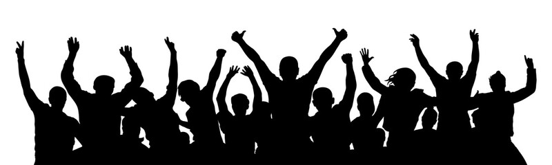 Wall Mural - Cheer crowd people, thumb up. Silhouette party celebrating. Applause people hands up. Stand alone, separate  group of people. Vector Illustration