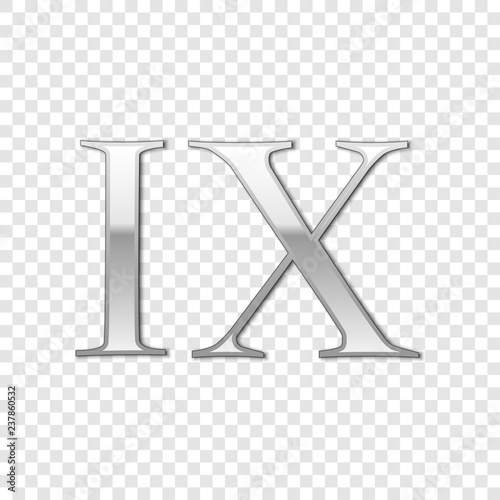 Fotografia Silver Roman numeral number 9, IX, nine in alphabet letter isolated on transparent background