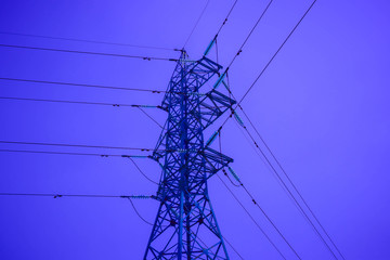 Sticker - Photo depicting one high-voltage powerful electricity tower with wires on cloudy blue moody evening sky. Europe.