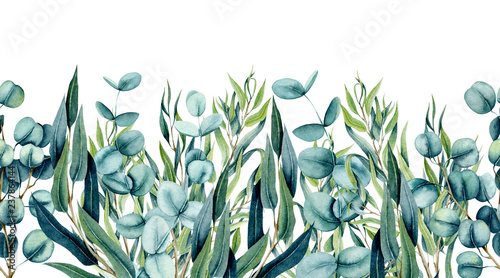 Foto-Schiebegardine Komplettsystem - Seamless Border of Watercolor Herbs and Eucalyptus (von Nebula Cordata)