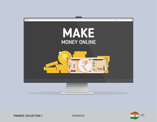 Monitor with 200 Indian Rupee Banknote. Flat style vector illustration. Finance concept.