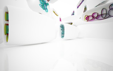 Abstract dynamic interior with white smooth objects and  colored glass lines. 3D illustration and rendering