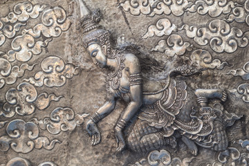 Wall Mural - Thai style silver carving art on temple wall , Wat Srisuphan ,Chiang Mai, Thailand.