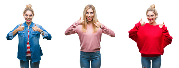 Sticker - Collage of young beautiful blonde woman over isolated background success sign doing positive gesture with hand, thumbs up smiling and happy. Looking at the camera with cheerful expression