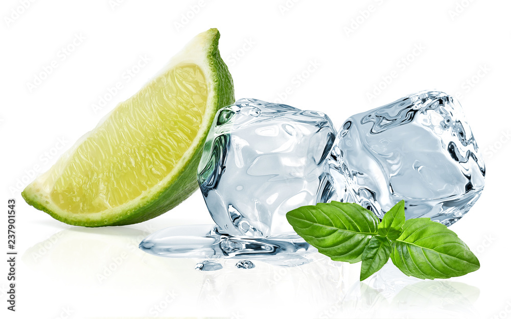 Ice cubes with lime / ice cubes, lime and basil leaves isolated on white background - obrazy, fototapety, plakaty 