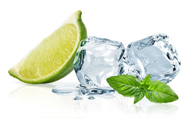 Poster - Ice cubes with lime / ice cubes, lime and basil leaves isolated on white background