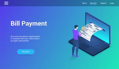 Poster - Isometric landing page template for bill payment. Vector illustration mock-up for website and mobile website