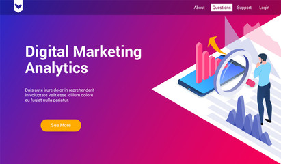 Poster - Isometric landing page template for digital marketing analytics. Vector illustration mock-up for website and mobile website