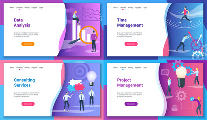Poster - Set of modern landing page template for data analysis, time management, consulting services, project management. Vector illustration mock-up for website and mobile website