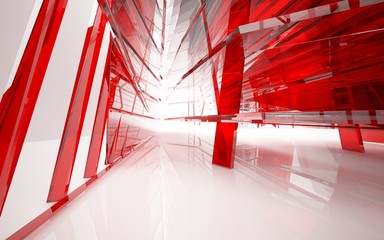 abstract architectural interior with red  glass sculpture . 3D illustration and rendering