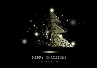 merry christmas, golden glowing tree fantasy miracle, confetti stars sparkle, nature, space and astr